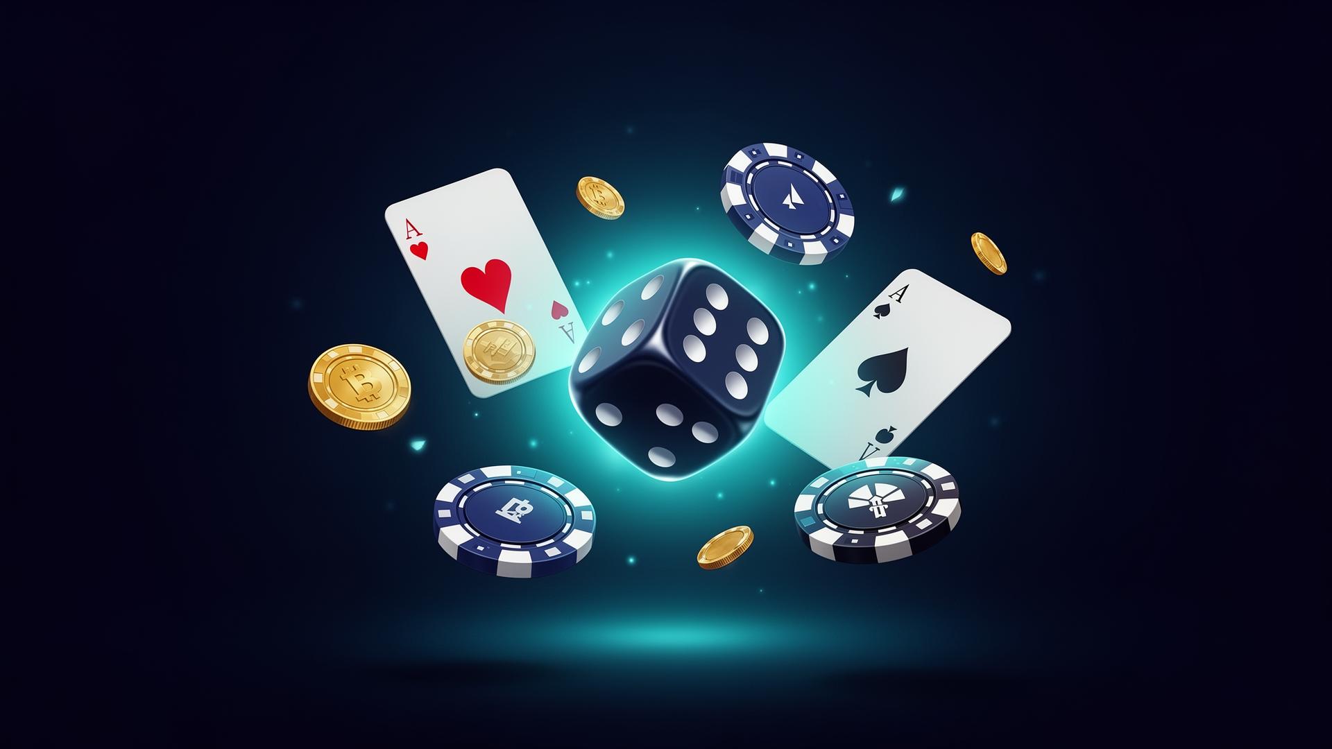 Dice, cards and chips floating